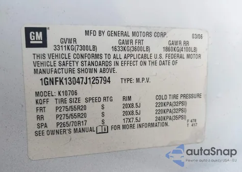 2007 Chevrolet Tahoe Ltz from USA, damaged, VIN 1GNFK13047J125794